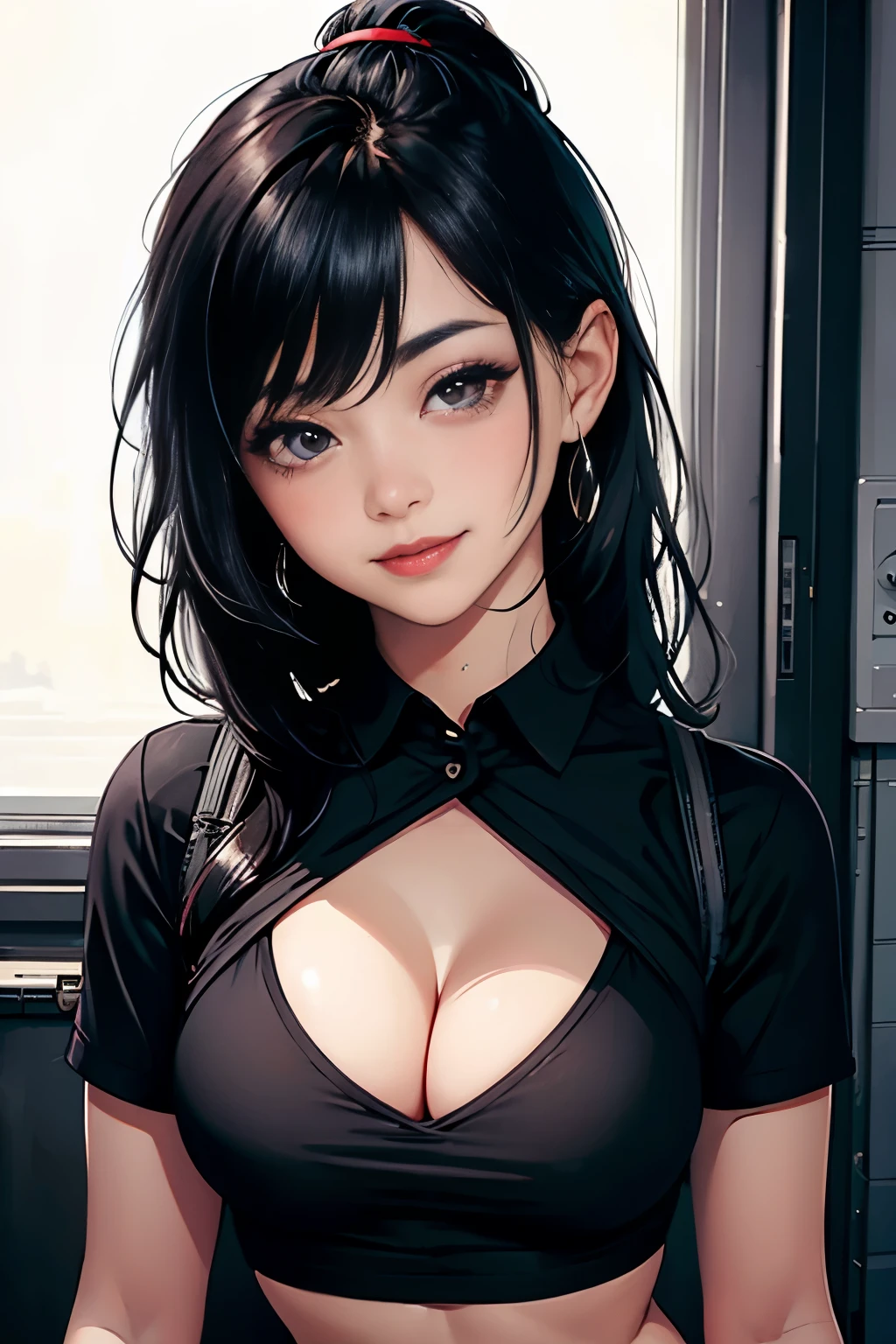 Amazing portrait of a sexy woman wearing her luscious black hair in a ponytail, seductively gazing and smiling, soft lips, parted, blushing intensely, smiling, black crop top, black cargo pants, black short shirt, medium chest, cleavage, perfect body