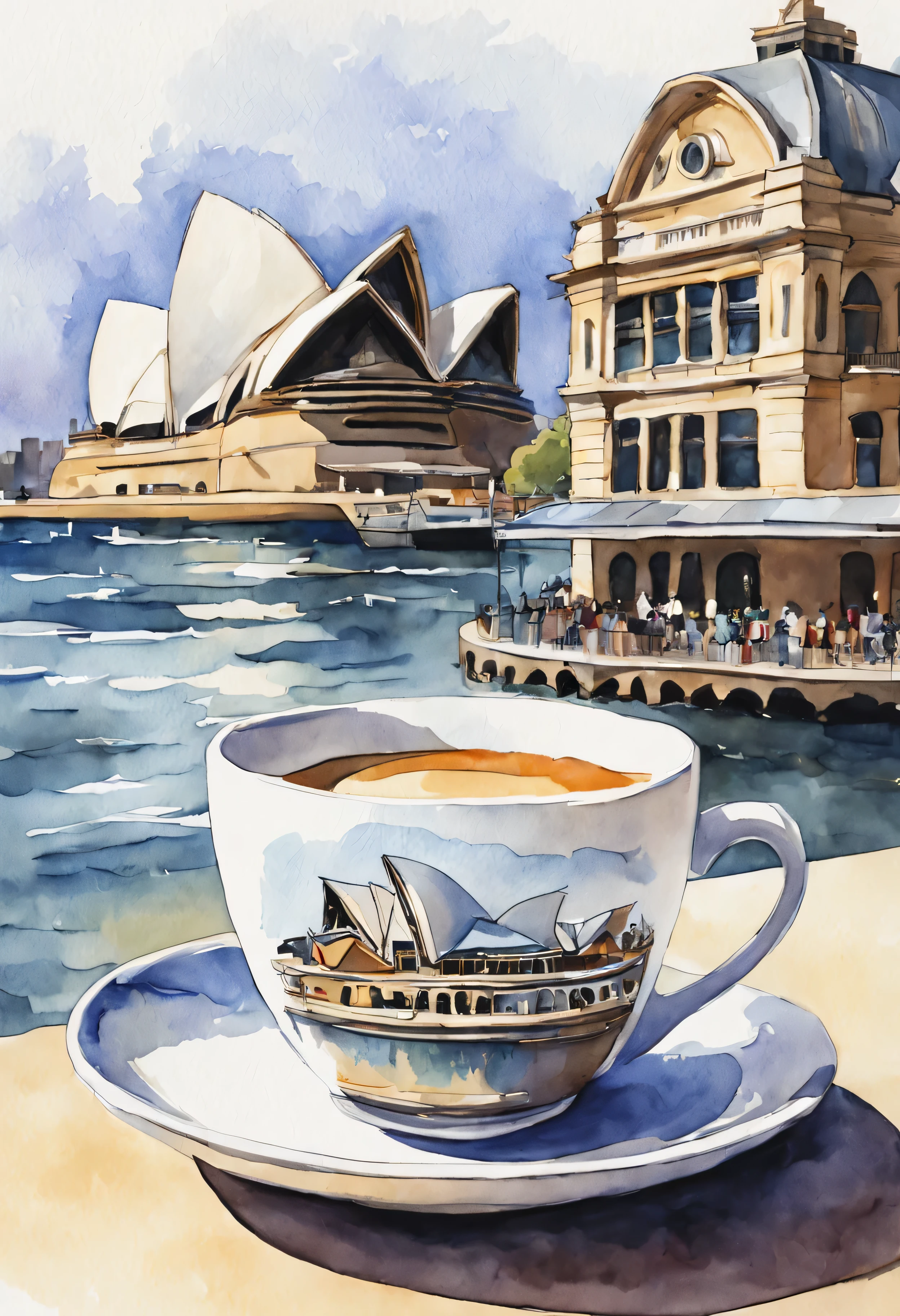  Cup of coffee, devant l&#39;Sydney Opera, style dessin aquarelle 