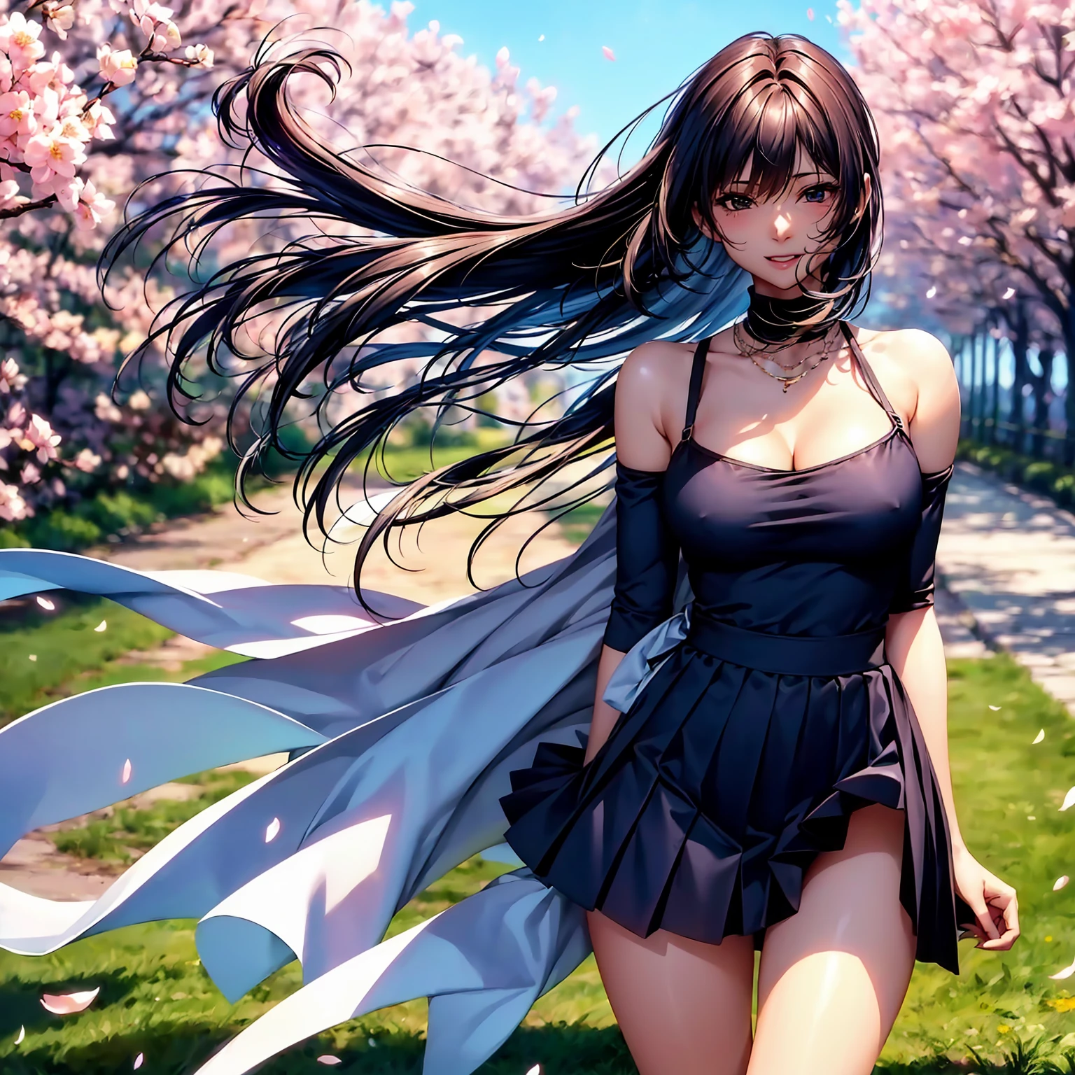 (highest quality、masterpiece、very high resolution、ultra high resolution.High-quality detail)、(A woman with perfect and ultimate beauty:18-year-old,bright smile,beautiful body、beautiful face)、(There are many variations of hairstyles,The bangs are neatly arranged,beautiful hair),(Beautiful breasts with a slender body shape:E cup,beautiful hair texture,Beautiful skin texture,Lifelike textures,Beautiful colors),(sweater:pattern and color,diamond necklace,pleated skirt:pattern and color,shoulders are exposed,I can see the cleavage:1.2),(A path lined with flourishing cherry blossom trees,Cherry blossoms fall,beautiful scenery),(the wind is blowing,The wind blows and my skirt flaps,The wind blows and the hair flutters,sight,mouth opens 1.2)(whole body,I can see my thighs,accurate anatomy、highly detailed images、accurate image、Perfect Image 1.5)、beautiful anime woman, beautiful art style, anime character、(Overall image、Image without defects、natural soft light、beautiful images),(best shot,RAW photo 1.2)