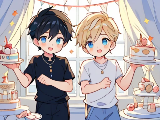 2 boys, (like a dream, a vibrant one), (detailed, Be expressive, aesthetic), Two people are both on a round cake, active posing, boys are , black hair boy and blond hair boy , friends, soft lighting, happy, clear eyes