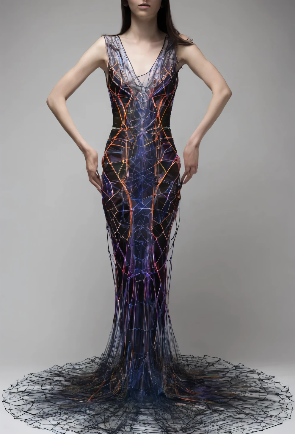 The dress is made of electric threads and shimmering electric webs., neon and luminescence, inspired by Bert Hickman