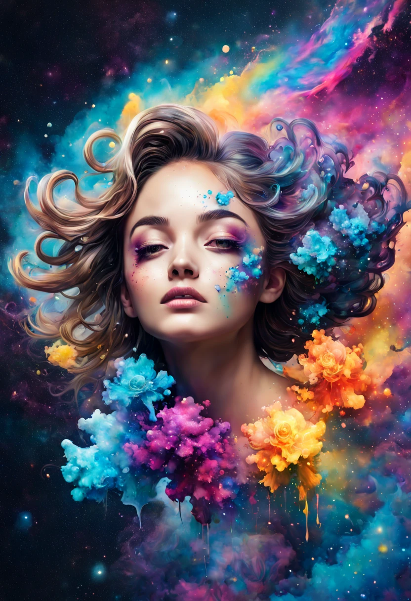 A beautiful colorful magical liquid ink splatter space flower, swirling, astral, ethereal, whimsical nebulous magellanic cloud of ink splatters. Hyperrealistic, splash art, concept art, mid shot, intricately detailed, color depth, dramatic, 2/3 face angle, side light, colorful background, colored alcohol inks