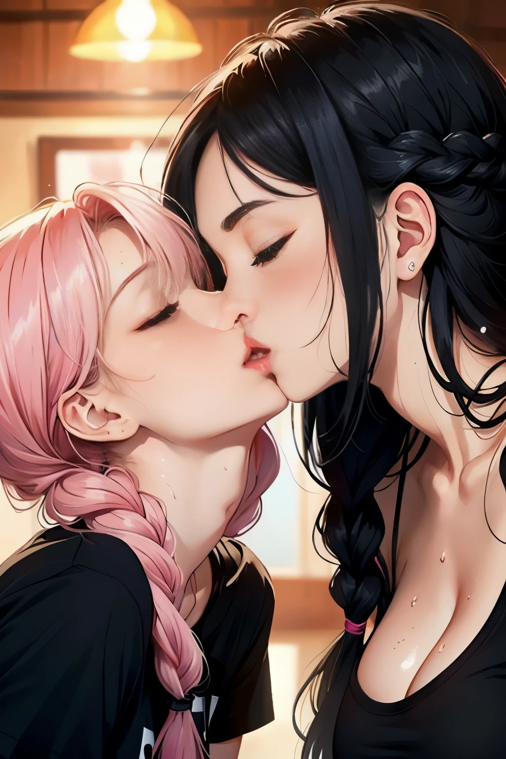 sexy woman, black braided hair, black t-shirt, close-up on face, eyes closed, glossy wet pink lips parted in a kiss, flawless glowing skin, long beautiful neck