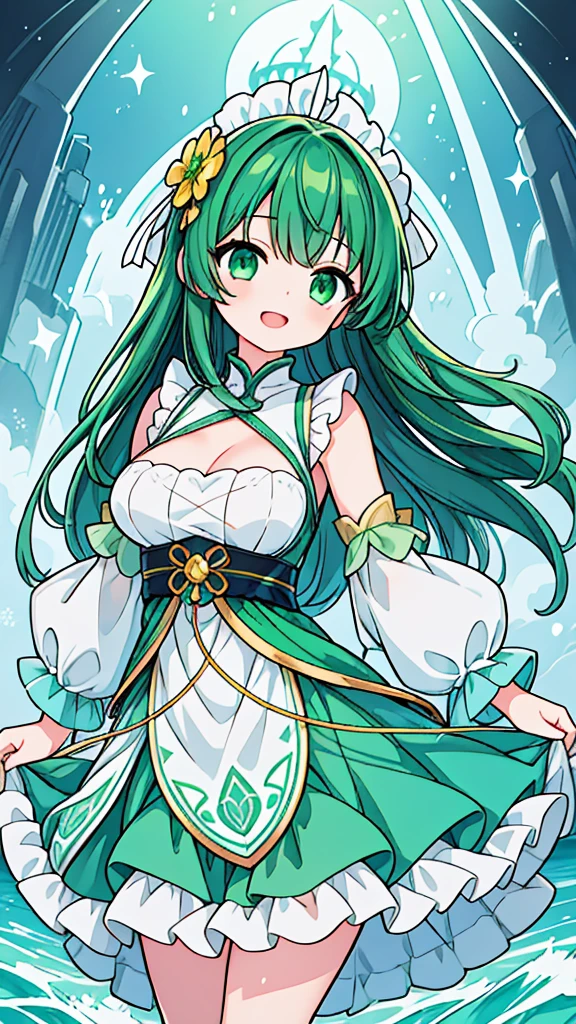 Close up of deep green smile with open mouth、(realistic、High resolution)、(1 girl)、Do-Up Eye、korean girl、(highest quality), (table top), (1 girl), alone, beautiful girl, perfect face, big breasts,dream-like、Highly detailed airbrush art((超realistic))、volume lighting、(highest quality)、The super detailed、(Composition of exercise:1.4)、Highly detailed colorful details、(bright lighting)、dynamic composition、ray tracing、The mirror reflects light、shallow depth of field、super detailed、mixing exposure、nffsw、Her eyes glow deep green、Staring at the deep green sea。Her dark green face is、Full of adventure anticipation and courage.、A smile appears on her deep green lips。 rear end、The sun is slowly tilting to the west。Its light brings deep green light to the surface of the sea、The swaying waves create a beautiful scene。Her eyes glow a distinctly deep green。a lot of dark green、