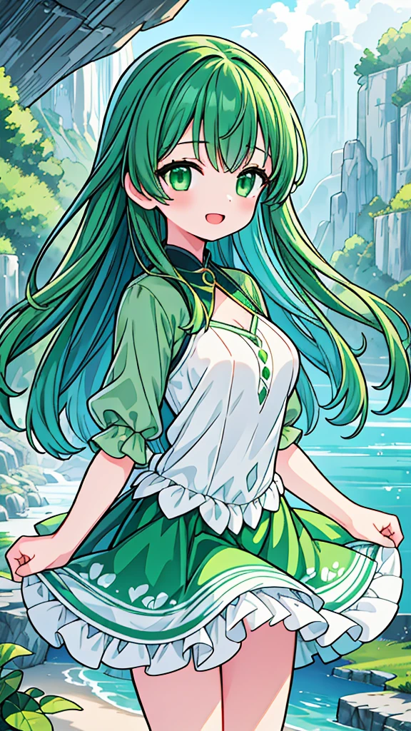 Close up of deep green smile with open mouth、(realistic、High resolution)、(1 girl)、Do-Up Eye、korean girl、(highest quality), (table top), (1 girl), alone, beautiful girl, perfect face, big breasts,dream-like、Highly detailed airbrush art((超realistic))、volume lighting、(highest quality)、The super detailed、(Composition of exercise:1.4)、Highly detailed colorful details、(bright lighting)、dynamic composition、ray tracing、The mirror reflects light、shallow depth of field、super detailed、mixing exposure、nffsw、Her eyes glow deep green、Staring at the deep green sea。Her dark green face is、Full of adventure anticipation and courage.、A smile appears on her deep green lips。 rear end、The sun is slowly tilting to the west。Its light brings deep green light to the surface of the sea、The swaying waves create a beautiful scene。Her eyes glow a distinctly deep green。a lot of dark green、