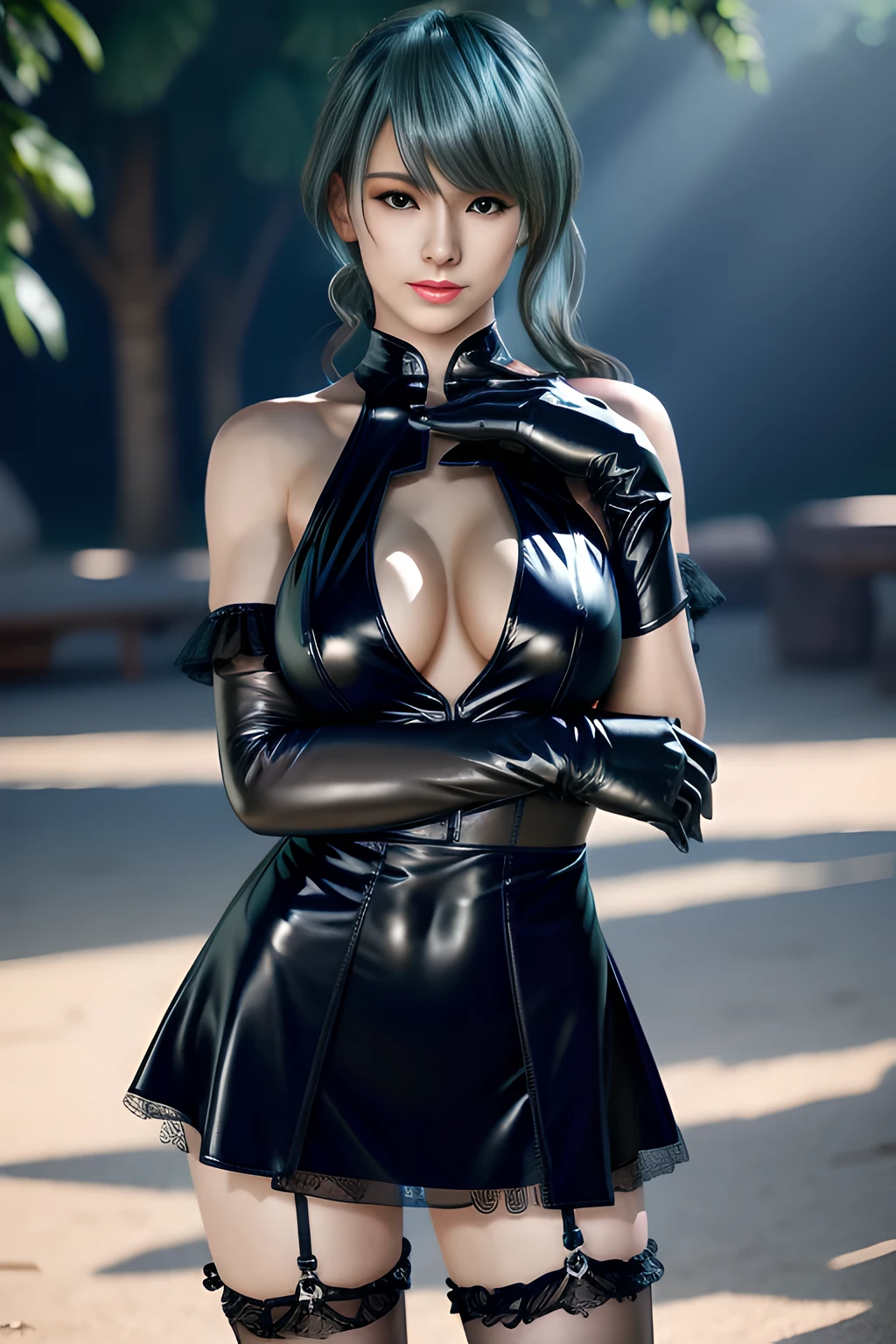 1 girl,(Velvet dress, stockings,Mesh gloves),outdoor, (permanent,sexy model pose:1.2),jewelry,Lips slightly open, lustful smile, red lips,(huge breasts),((8k, original photo, top quality, masterpiece), HD RAW color photos professional close-up photos), (actual, photorealism: 1.37), (best quality), (best shade),ultra high resolution, HD CG unified 8K wallpaper,soft sunshine, alone,Tamaki