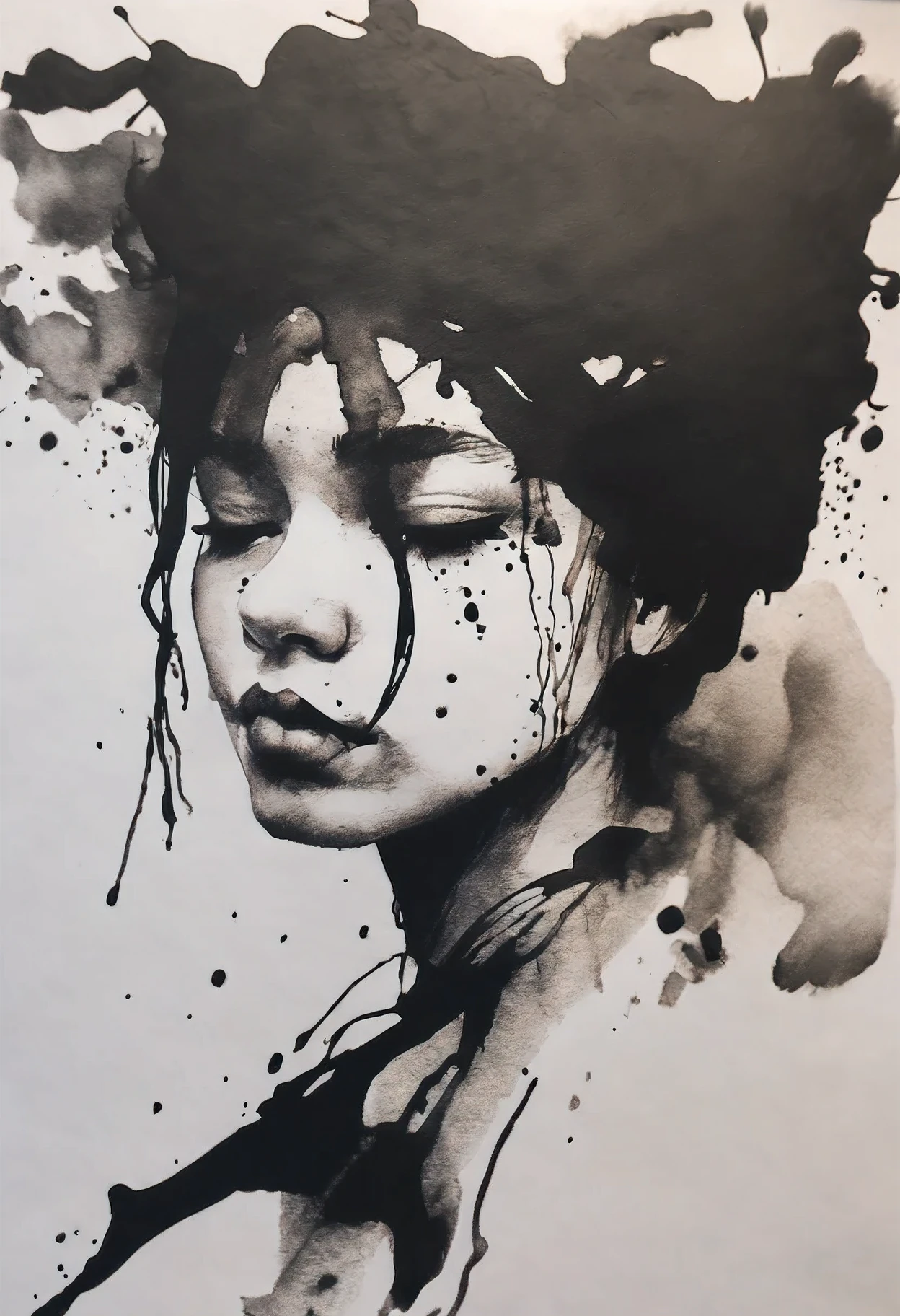 Close-up, black ink spilled onto a piece of paper,lying on the table,drops of ink form a sketchy portrait of a girl ,