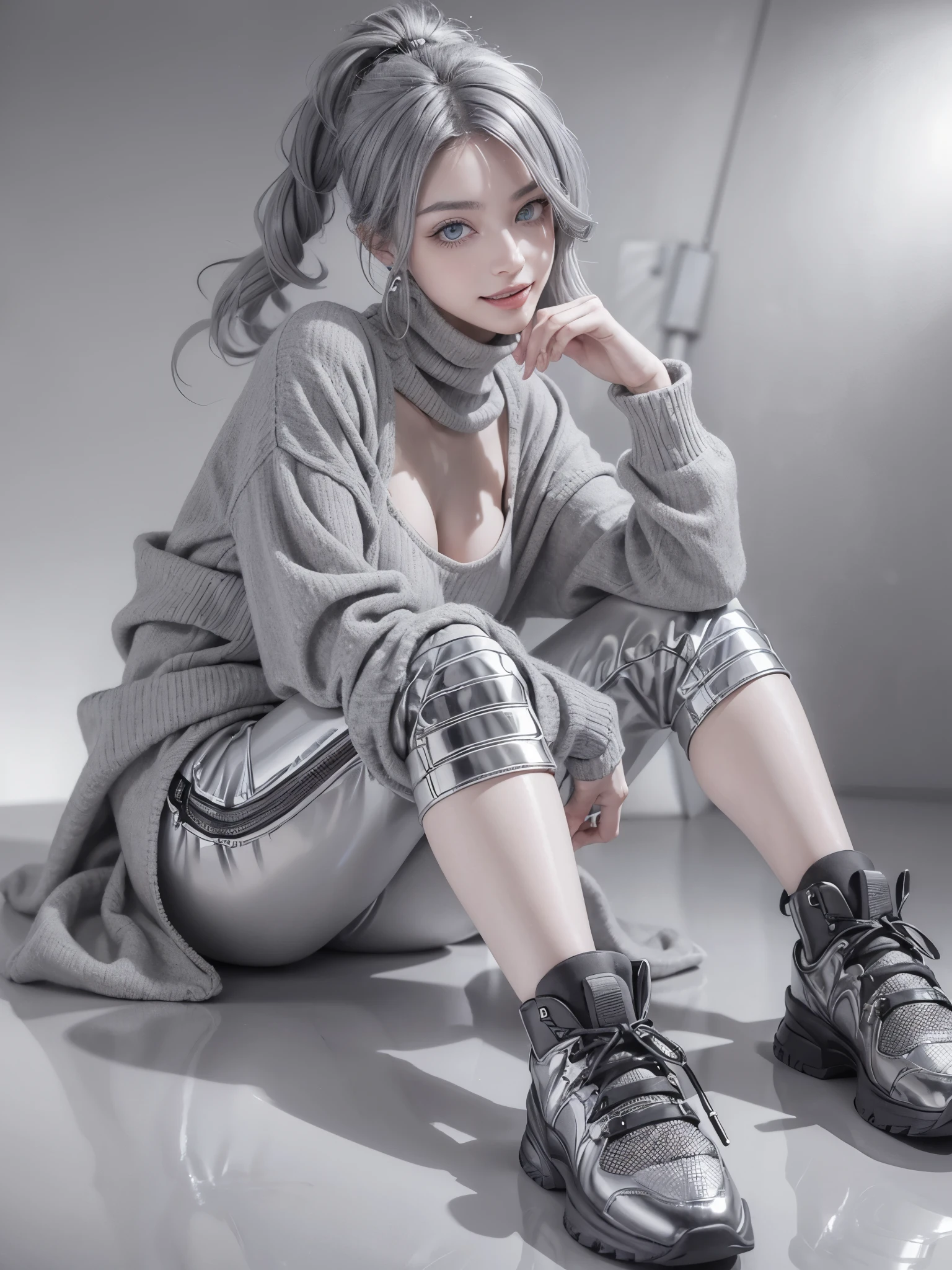 (anime, Unreal:1.2), (fashion portrait:1.6), (brand collection, fashion brand theme:1.6), (detailed, beautiful, masterpiece, best quality:1.2), _ BREAK (1girl:1.2), 22 years old, 160 cm, Japanese cute model, Tightened all body, medium Breasts, small head, small face, diamond Face, small nose, Sharp Faceline, Detailed face, Detailed eyes, young hands and fingers, beautiful hands and fingers, five fingers, _ BREAK (happy, smile, Glossy Lips:1.3), (Light color lips, Half open mouth, beautiful Teeth:1.2), (dropy eyes, Double eyelid, light color eyes, Shiny eyes:1.5), Shiny skin, _ BREAK (arranged hairstyle:1.4), (gray hair, shiny hair, _ BREAK (gray background:1.4), mist, fog:1.4), _ BREAK (wide angle:1.4), (sitting, fashion model pose:1.2), focus shoes, from below, BREAK (Cyberpunk and wool fusion:1.3), ((wear an oversized wool turtleneck with rubberized surface) for a luxurious, futuristic, bodysuit, High legs, and warm feel:1.2), (large sleeves:1.2), (7/8 length:1.2), (simple yet cyberpunk-themed design:1.3), BREAK (black and White theme:1.3), (Low rise pants with a black subtle reflective pattern:1.2), (Low rise:1.4), (Shin skin:1.2), (Thick sole technical High Sneaker with sleek metal details:1.2), (edgy and versatile:1.2),(Long drooping silver earrings:1.2),