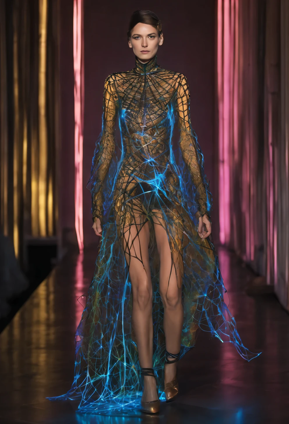 The dress is made of electric threads and shimmering electric webs., neon and luminescence, inspired by Bert Hickman