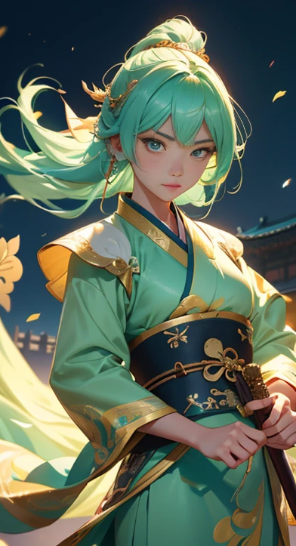 highly detailed artwork, Tall character, Drawing style with alcohol ink, Stand out with gold highlights... The subject is a Chinese female warrior with long-standing skills., flowing pastel green hair, looking at camera, Bright skin, and wore a beautiful pastel green hanfu... She held a golden long sword in her hand.., Gracefully falling from the sky with clothes and hair blowing in the wind.., Create a mesmerizing scene. The composition consists of the play of light and shadow.., With the Forbidden City in the background.., And the camera angle will be higher when the character descends..."