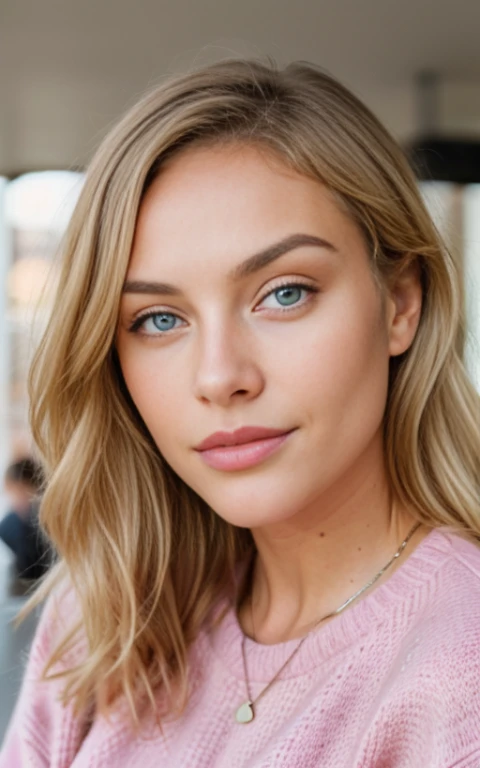 beautiful blonde in a pink sweater (drinking coffee in a modern cafe at sunset), very detailed, 21 years old, innocent face, natural wavy hair, Blue eyes, a high resolution, masterpiece, Best quality, complex parts, very detailed, Sharp Focus, Detailed skin, Realistic skin texture, texture, Detailed eyes, professional, 4K, Charming smile, filmed on canon, 85 mm, Shallow depth of field, Kodak Vision color, perfectly toned body, extremely detailed, Photo_\(ultra\), photoRealistic, Realistic, Post-processing, Maximum detail, roughness, real life, ultra Realistic, photorealism, Photoграфия, 8k contract, Photoграфия