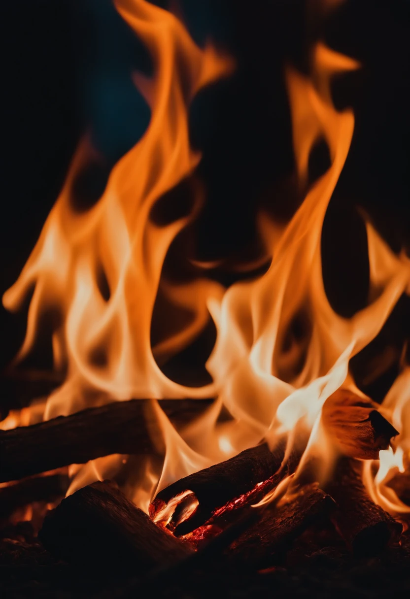 a close-up shot of the flames in a bonfire, emphasizing the vibrant colors, intricate patterns, and the mesmerizing dance of the fire