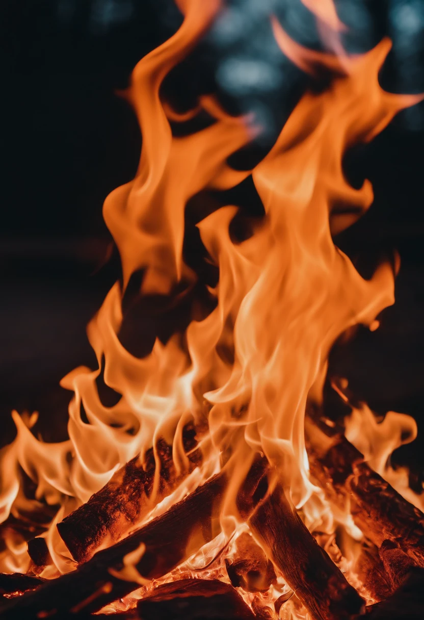 a close-up shot of the flames in a bonfire, emphasizing the vibrant colors, intricate patterns, and the mesmerizing dance of the fire
