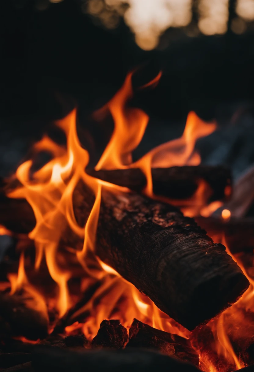 a close-up shot of the flames in a bonfire, emphasizing the vibrant colors, intricate patterns, and the mesmerizing dance of the fire