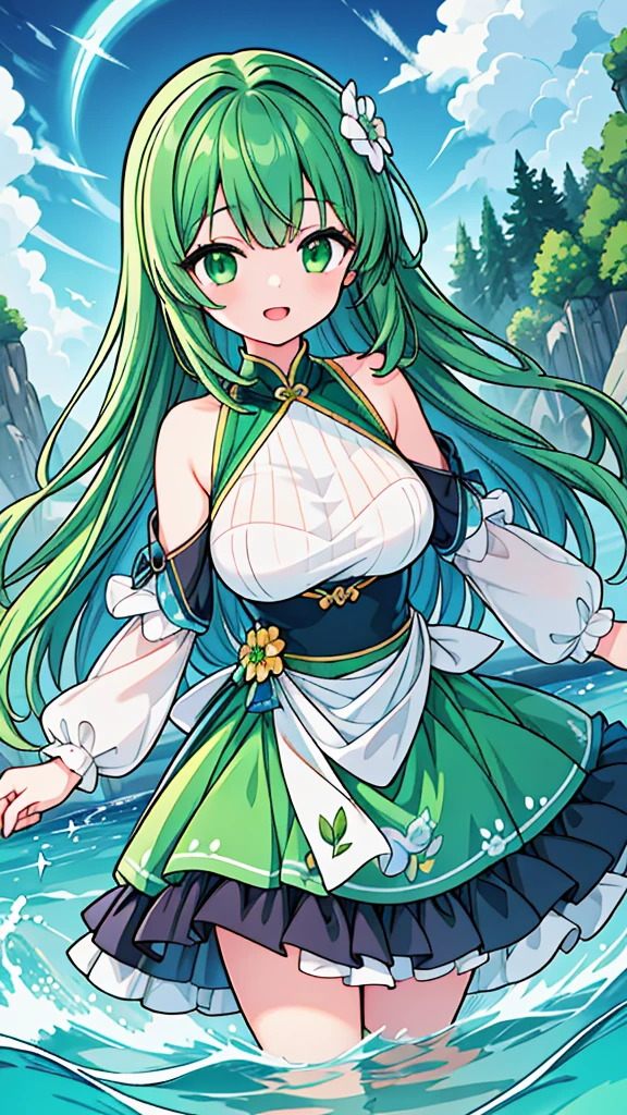 Close up of deep green smile with open mouth、(realistic、High resolution)、(1 girl)、Do-Up Eye、korean girl、(highest quality), (table top), (1 girl), alone, beautiful girl, perfect face, big breasts,dream-like、Highly detailed airbrush art((超realistic))、volume lighting、(highest quality)、The super detailed、(Composition of exercise:1.4)、Highly detailed colorful details、(bright lighting)、dynamic composition、ray tracing、The mirror reflects light、shallow depth of field、super detailed、mixing exposure、nffsw、Her eyes glow deep green、Staring at the deep green sea。Her dark green face is、Full of adventure anticipation and courage.、A smile appears on her deep green lips。 rear end、The sun is slowly tilting to the west。Its light brings deep green light to the surface of the sea、The swaying waves create a beautiful scene。Her eyes glow a distinctly deep green。a lot of dark green、