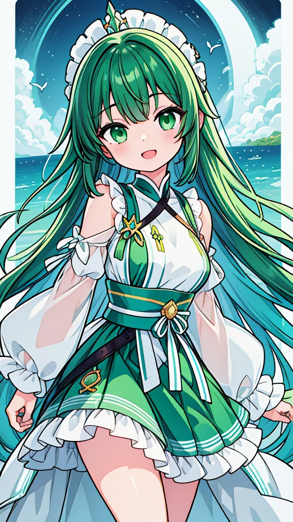 Close up of deep green smile with open mouth、(realistic、High resolution)、(1 girl)、Do-Up Eye、korean girl、(highest quality), (table top), (1 girl), alone, beautiful girl, perfect face, big breasts,dream-like、Highly detailed airbrush art((超realistic))、volume lighting、(highest quality)、The super detailed、(Composition of exercise:1.4)、Highly detailed colorful details、(bright lighting)、dynamic composition、ray tracing、The mirror reflects light、shallow depth of field、super detailed、mixing  exposure、nffsw、Her eyes glow deep green、Staring at the deep green sea。Her dark green face is、Full of adventure anticipation and courage.、A smile appears on her deep green lips。 rear end、The sun is slowly tilting to the west。Its light brings deep green light to the surface of the sea、The swaying waves create a beautiful scene。Her eyes glow a distinctly deep green。a lot of dark green、