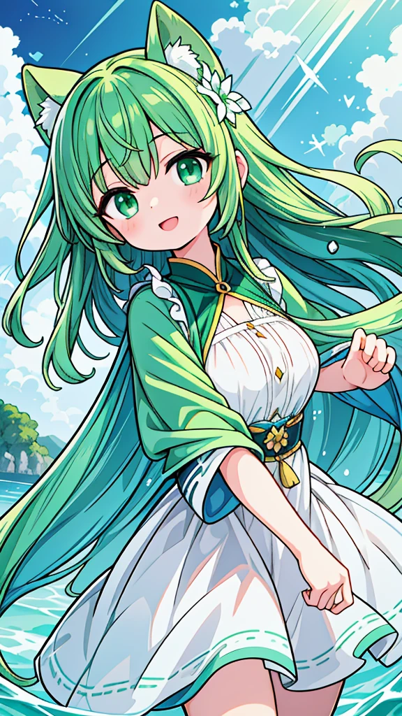 Close up of deep green smile with open mouth、(realistic、High resolution)、(1 girl)、Do-Up Eye、korean girl、(highest quality), (table top), (1 girl), alone, beautiful girl, perfect face, big breasts,dream-like、Highly detailed airbrush art((超realistic))、volume lighting、(highest quality)、The super detailed、(Composition of exercise:1.4)、Highly detailed colorful details、(bright lighting)、dynamic composition、ray tracing、The mirror reflects light、shallow depth of field、super detailed、mixing  exposure、nffsw、Her eyes glow deep green、Staring at the deep green sea。Her dark green face is、Full of adventure anticipation and courage.、A smile appears on her deep green lips。 rear end、The sun is slowly tilting to the west。Its light brings deep green light to the surface of the sea、The swaying waves create a beautiful scene。Her eyes glow a distinctly deep green。a lot of dark green、
