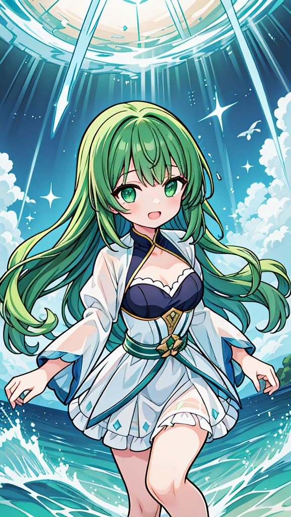 Close up of deep green smile with open mouth、(realistic、High resolution)、(1 girl)、Do-Up Eye、korean girl、(highest quality), (table top), (1 girl), alone, beautiful girl, perfect face, big breasts,dream-like、Highly detailed airbrush art((超realistic))、volume lighting、(highest quality)、The super detailed、(Composition of exercise:1.4)、Highly detailed colorful details、(bright lighting)、dynamic composition、ray tracing、The mirror reflects light、shallow depth of field、super detailed、mixing  exposure、nffsw、Her eyes glow deep green、Staring at the deep green sea。Her dark green face is、Full of adventure anticipation and courage.、A smile appears on her deep green lips。 rear end、The sun is slowly tilting to the west。Its light brings deep green light to the surface of the sea、The swaying waves create a beautiful scene。Her eyes glow a distinctly deep green。a lot of dark green、