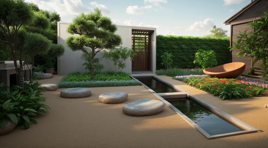 A photo of indoor garden, CHINA garden, exterior, trees, green architecture, lantern light, sand, stone, trees, mini rectangle lake, bamboo, architecture visualisation, photography, 8k, masterpiece, ultra quality