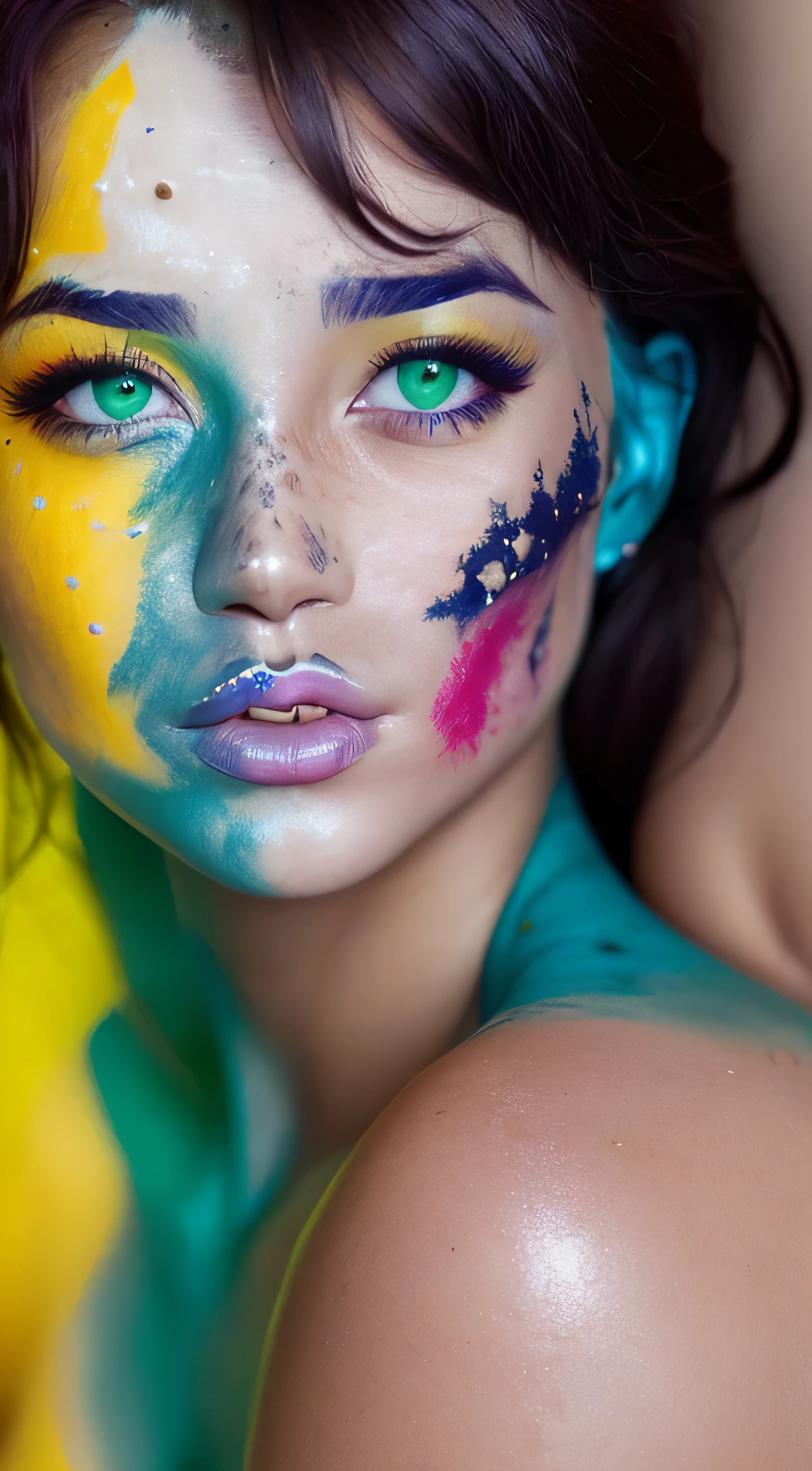 very beautiful  lady, freckles, Shiny glitter makeup, (red ass, blue, yellow, green skin and vitiligo: 1.5), perfect sexy breasts, Ultra detailed photography, soft light, head and breast portrait, cover,, Best quality, (Detailed beautiful face, Detailed leather texture, ultra-detailed body:1.1)