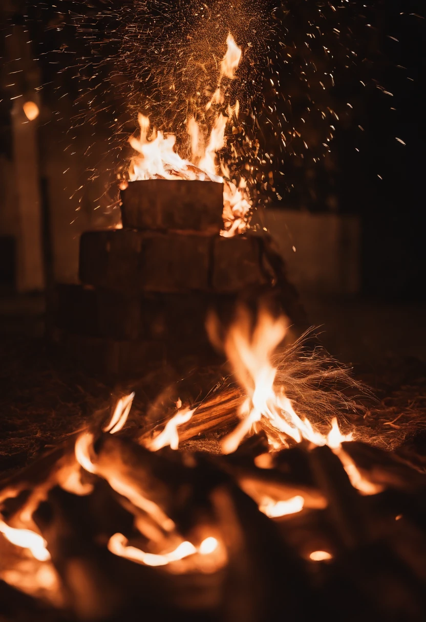 a long-exposure shot of a bonfire, capturing the trails of sparks and the sense of movement and energy within the fire