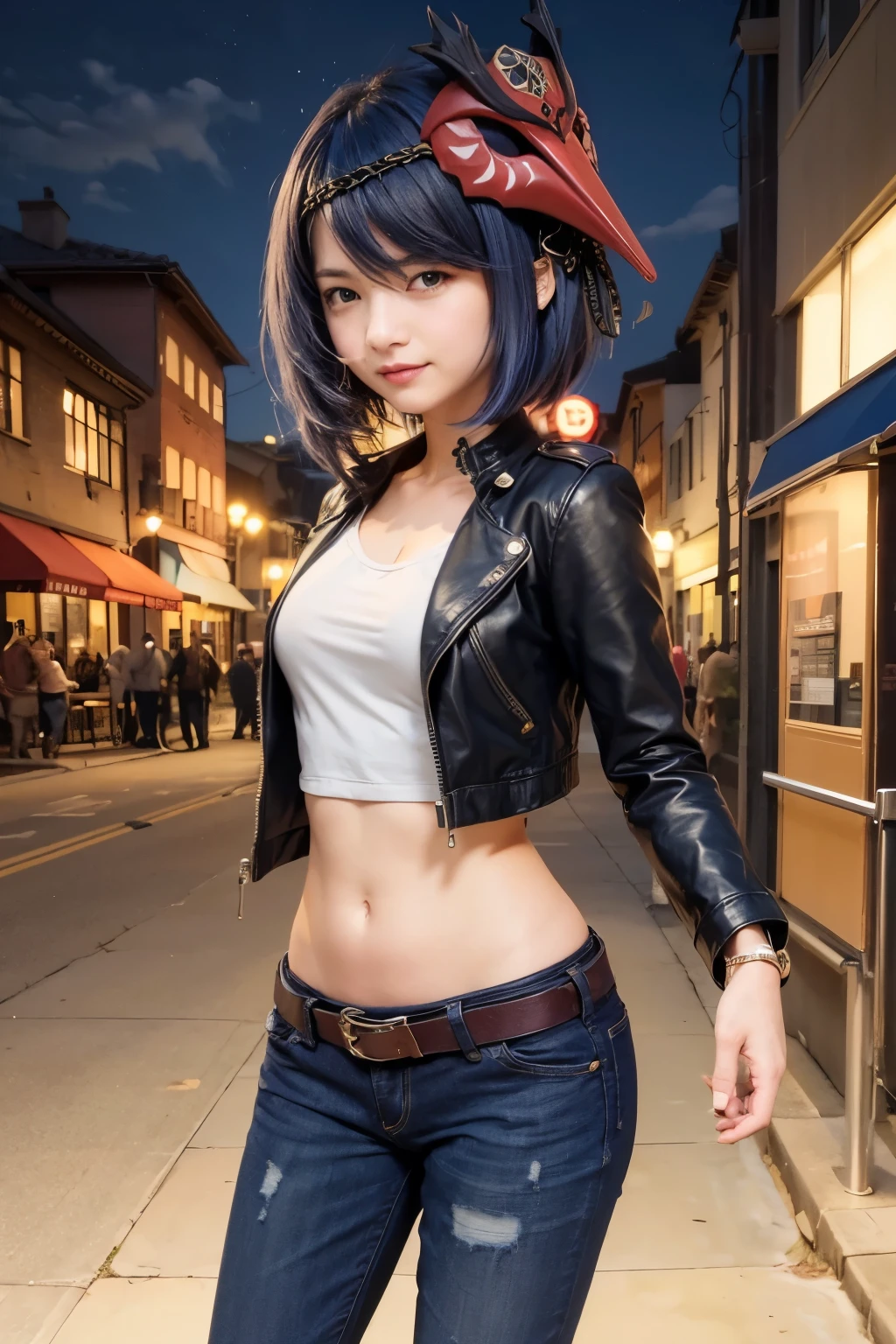 1girl, ((leather jacket, crop too)), (long dark blue jeans, iron belt), ((bare midriff, navel)), high quality, town, night, standing, seductive smile, looking at viewer, mask on head, blue hair, short hair, yellow eyes