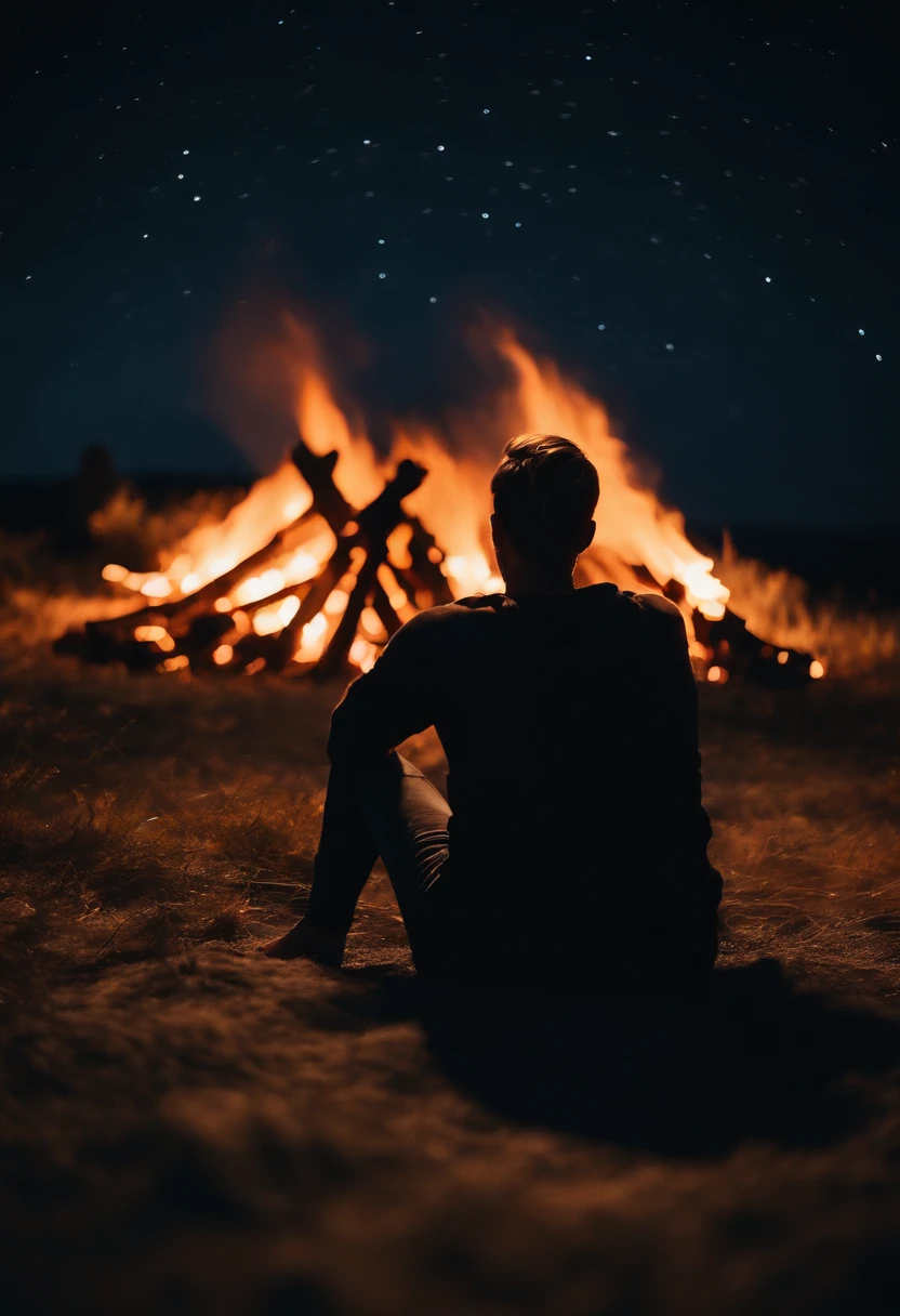 a night sky shot with a bonfire in the foreground, allowing the glowing embers and flames to illuminate the surroundings and create a captivating atmosphere