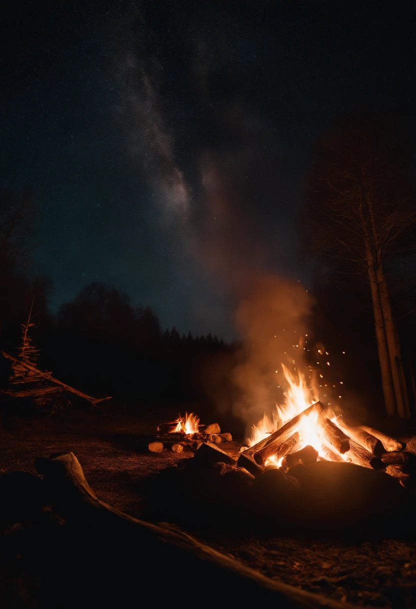 a night sky shot with a bonfire in the foreground, allowing the glowing embers and flames to illuminate the surroundings and create a captivating atmosphere