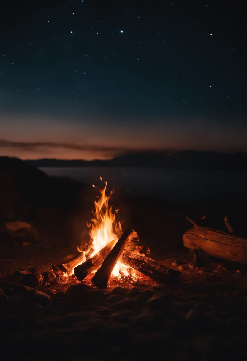 a night sky shot with a bonfire in the foreground, allowing the glowing embers and flames to illuminate the surroundings and create a captivating atmosphere