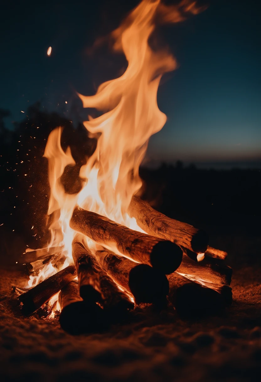 a night sky shot with a bonfire in the foreground, allowing the glowing embers and flames to illuminate the surroundings and create a captivating atmosphere