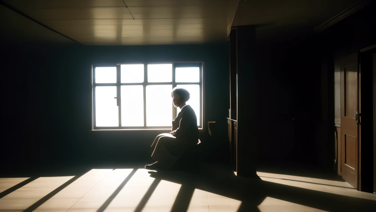 A woman sitting alone in a room , dark background, masterpiece, old age , high resolution, simplicity, sad , no blur , clear face