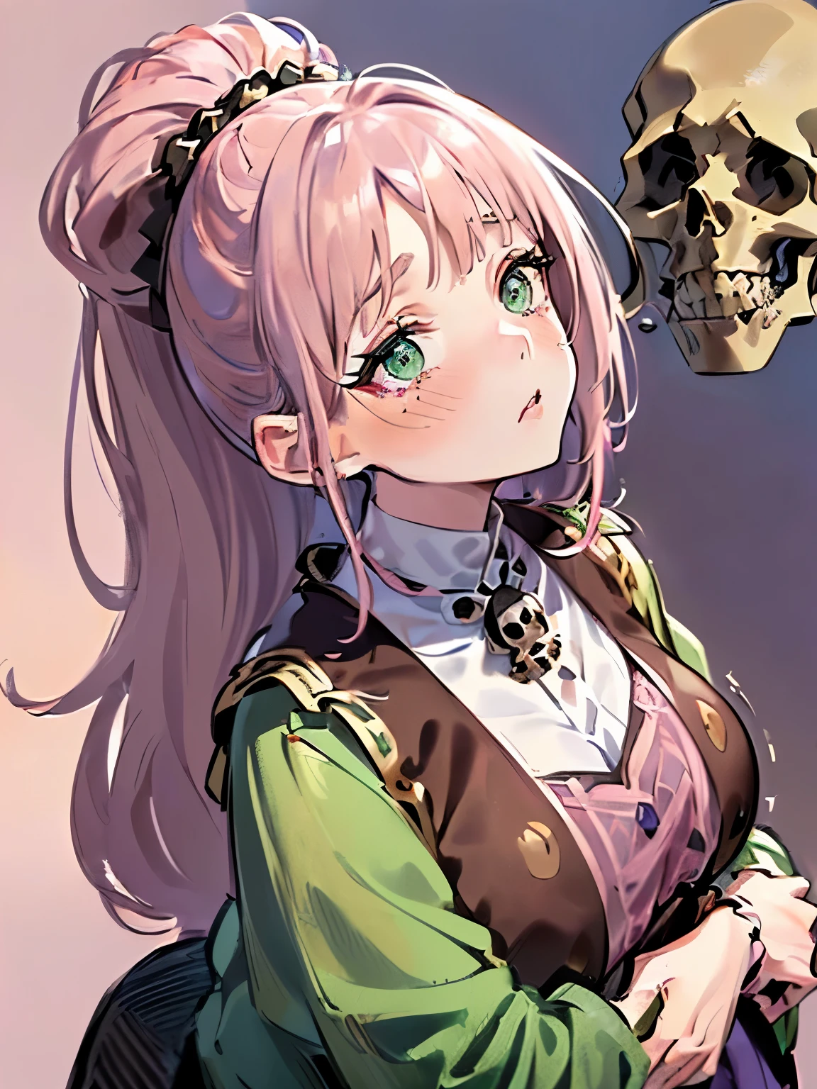 ((Mixed light brown and pink hair:1.2)),(ponytail:1.3),(green eyes:1.4),(Eye size:1.5),(tradition of Parisaccessories:1.3),((Paris costume fashion:1.4)),(blush),(upward glance:1.3),((small breasts:1.25)),(focus on face:1.3),((look up:1.6)),(fashion color White、darkBlue、purple、red:1.3),(crying face:1.2),((close up of face:1.5)),((Hugged:1.5)),((A large number of skulls fill the screen:1.4))