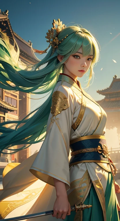 highly detailed artwork, Tall character, Drawing style with alcohol ink, Stand out with gold highlights... The subject is a Chinese female warrior with long-standing skills., flowing pastel green hair, looking at camera, Bright skin, and wore a beautiful pastel green hanfu... She held a golden long sword in her hand.., Gracefully falling from the sky with clothes and hair blowing in the wind.., Create a mesmerizing scene. The composition consists of the play of light and shadow.., With the Forbidden City in the background.., And the camera angle will be higher when the character descends..."