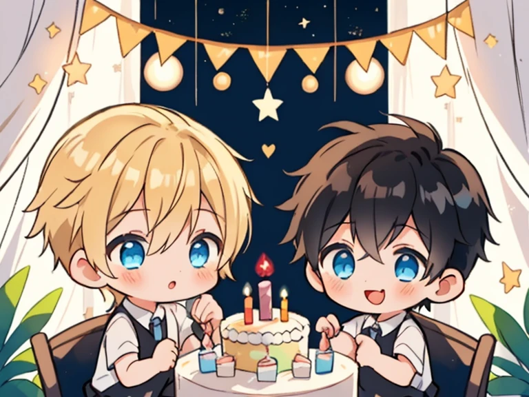 2 boys, chibi chara, black hair boy and blond hair boy, birthday cake, friends, soft lighting, happy, clear eyes