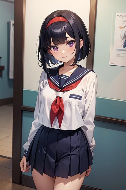 Anime girl with black hair and a sailor suit, navy blue sailor uniform, high school girl, anime style, Rendering of anime girls, realistic young anime girl, Smooth anime CG art, headband, smile, cute, white scarf for sailor suit, 3 lines, purple eyes, small breasts, tall, Straight hair, short bob cut,long skirt, slanted eyes,