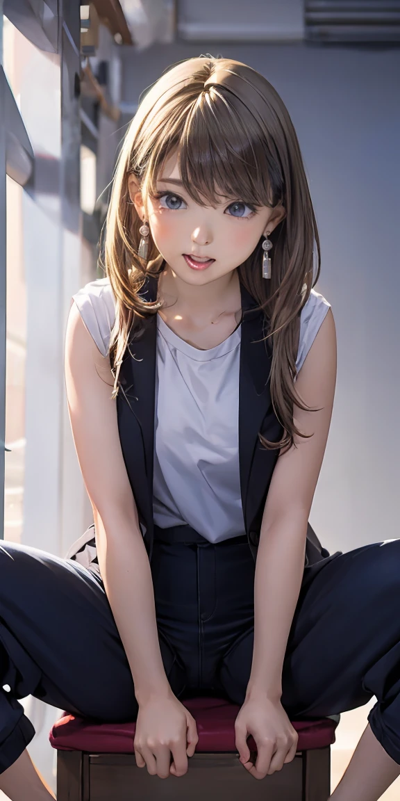 atmospheric perspective, 8K, Super detailed, Accurate, highest quality, anime background, 1 female, droopy eyes, sleepy, Low - Angle, Pants with a luxurious design and bright colors, Draw pants with super precision, show off your panties to the camera, masturbation, ecstasy face, spread your legs, open your mouth, earrings, (gray hair)