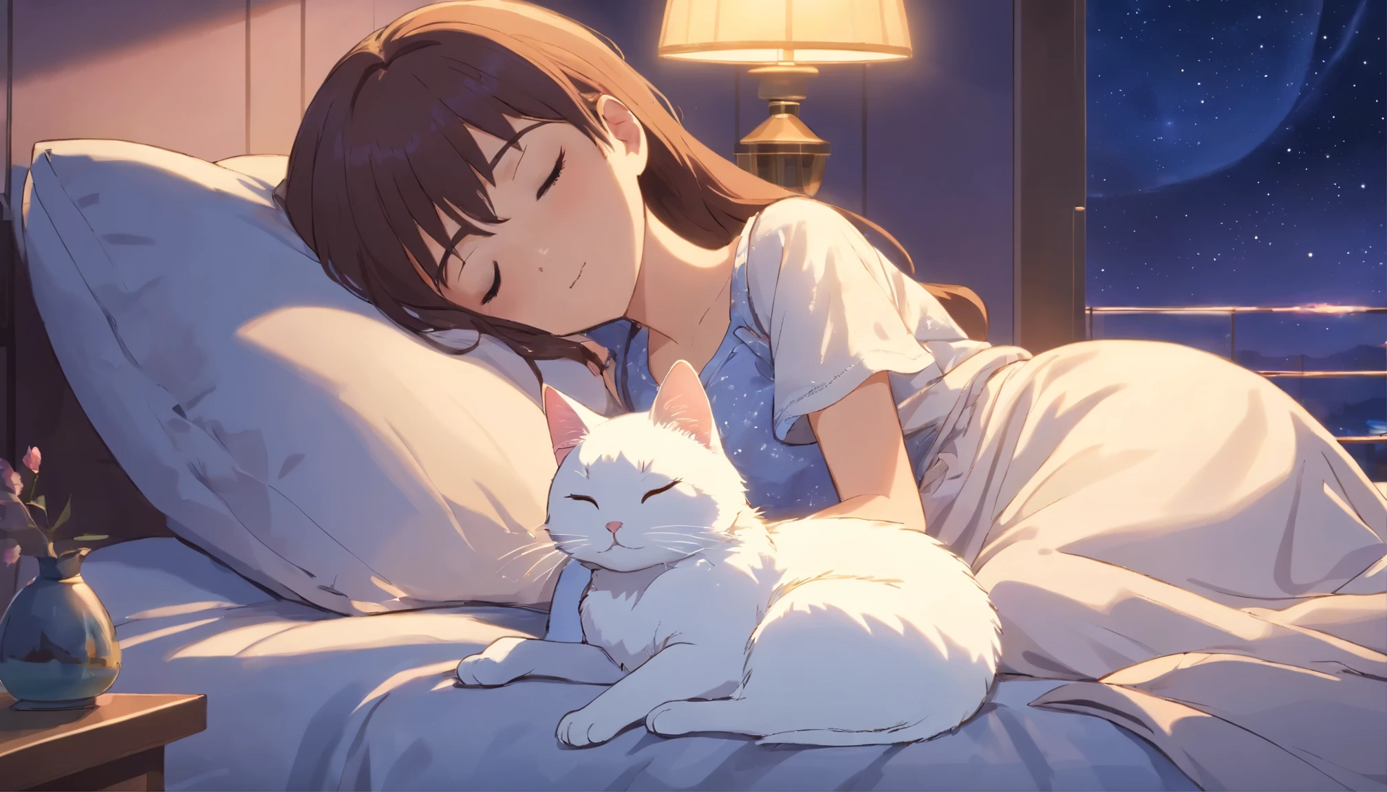Create an image of a girl sleeping peacefully, embracing a white cat. She is resting on her side, her expression relaxed and serene. The girl has long, flowing brown hair, and is wearing a soft blue nightgown with a subtle floral pattern. The cat looks content and comfortable in her arms. The pillows have a golden-yellow hue with a gentle sprinkle pattern, suggesting coziness. The background is a night sky filled with stars, adding a dreamy and tranquil ambiance to the scene. The color palette should consist of warm tones for the bedding and cool tones for the nightgown and background, with a gentle contrast that evokes a calming and restful sleep environment