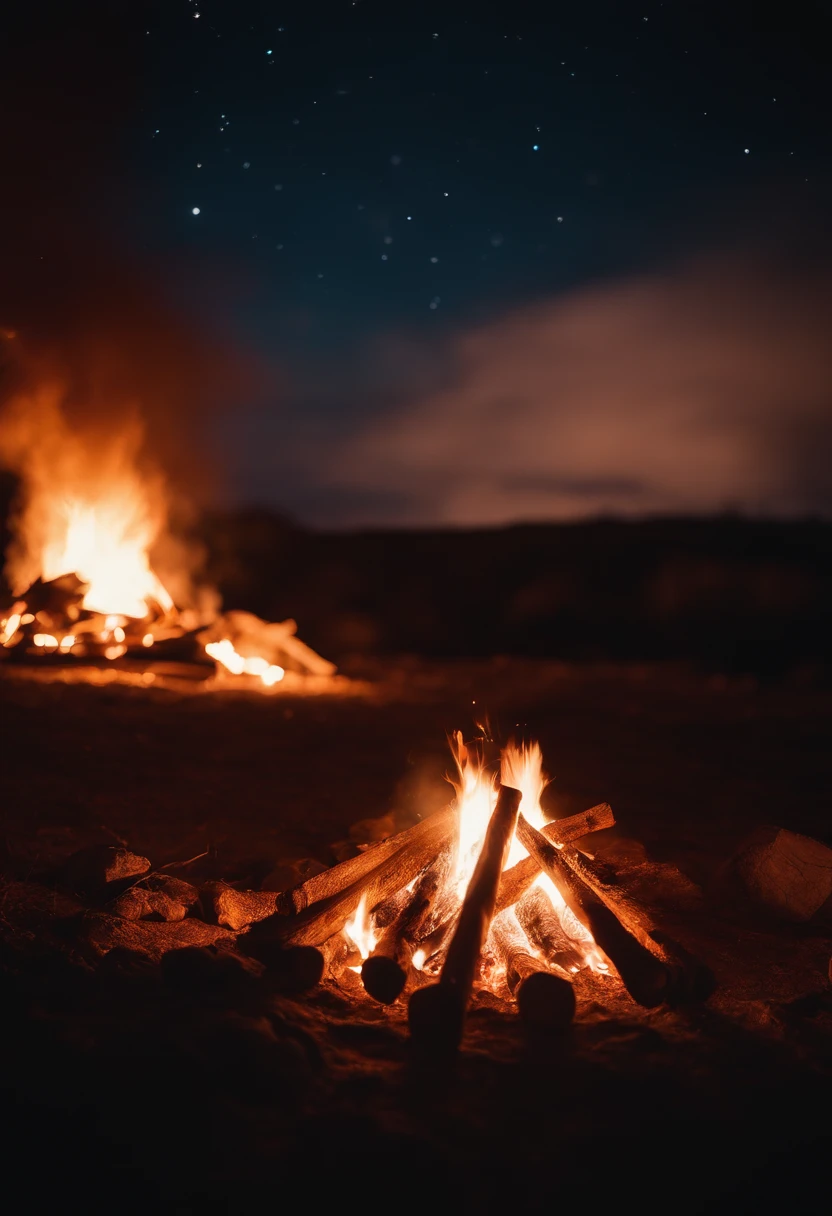 a night sky shot with a bonfire in the foreground, allowing the glowing embers and flames to illuminate the surroundings and create a captivating atmosphere