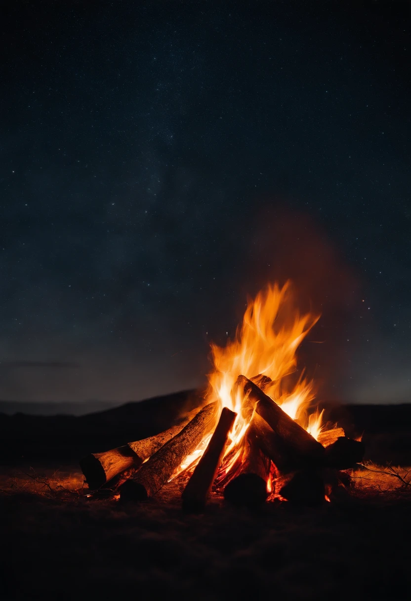 a night sky shot with a bonfire in the foreground, allowing the glowing embers and flames to illuminate the surroundings and create a captivating atmosphere
