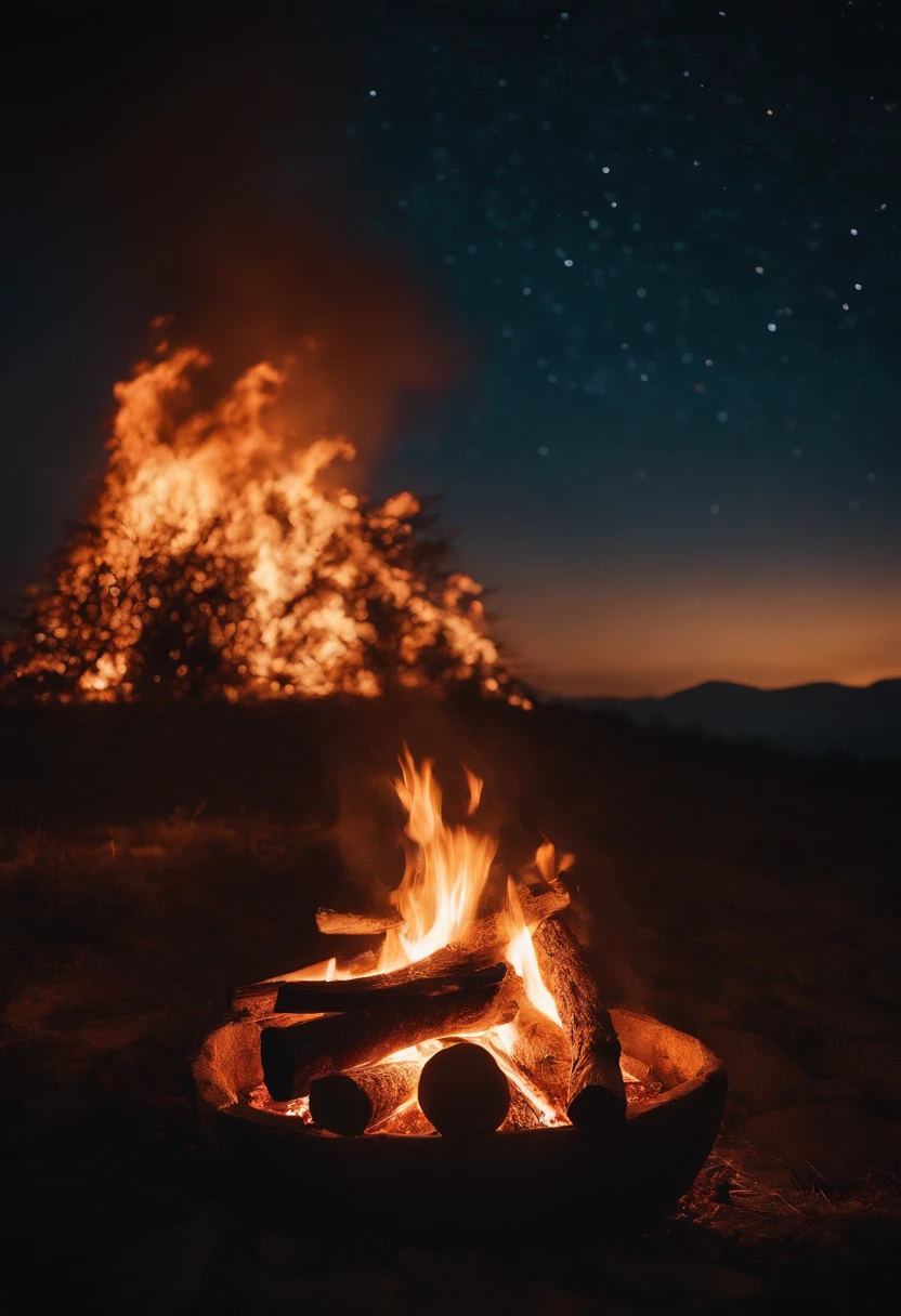 a night sky shot with a bonfire in the foreground, allowing the glowing embers and flames to illuminate the surroundings and create a captivating atmosphere