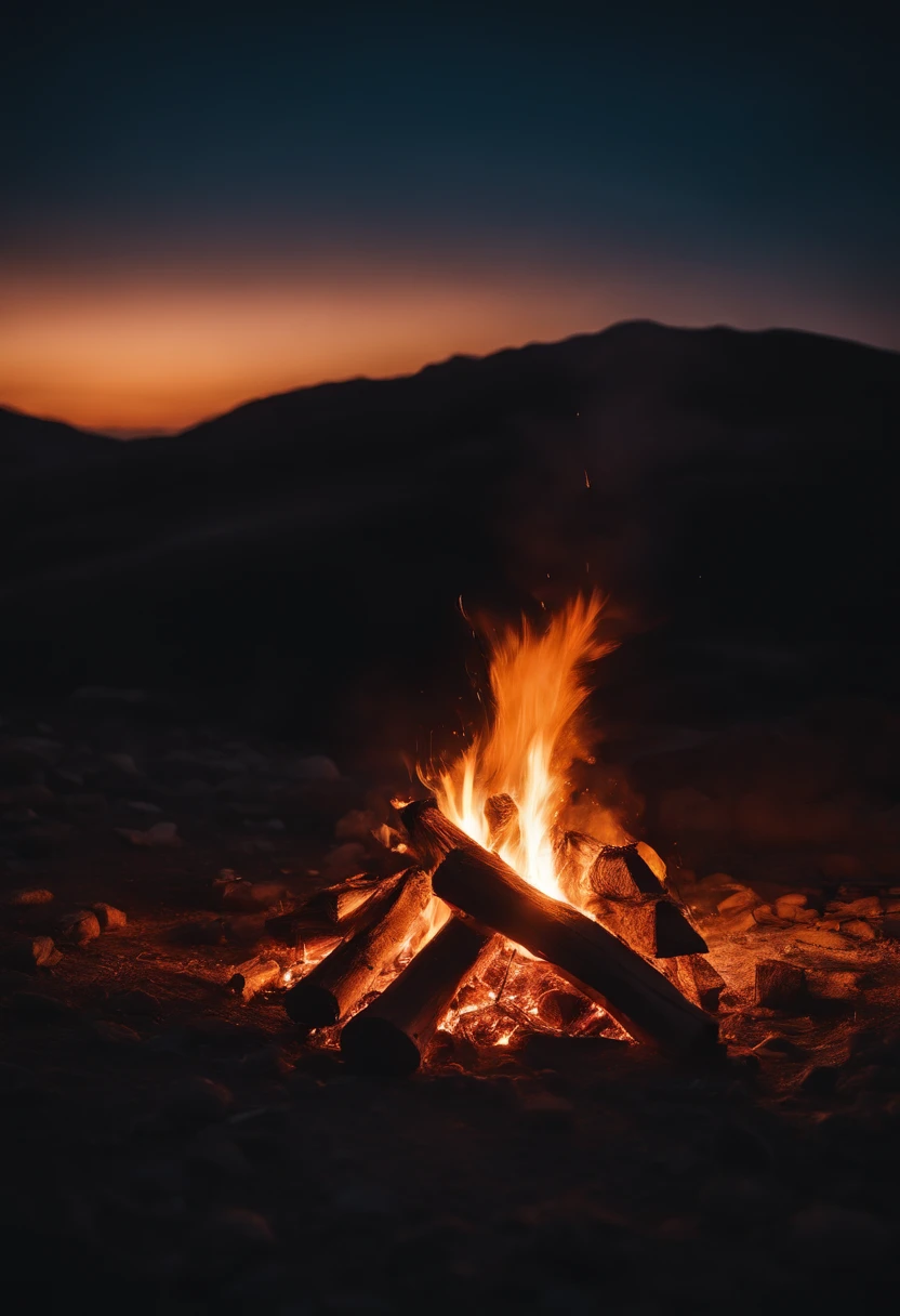 a night sky shot with a bonfire in the foreground, allowing the glowing embers and flames to illuminate the surroundings and create a captivating atmosphere