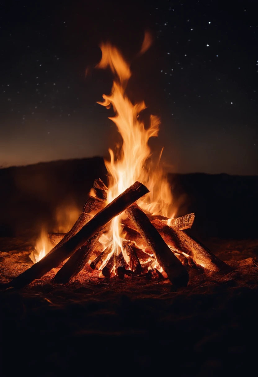 a night sky shot with a bonfire in the foreground, allowing the glowing embers and flames to illuminate the surroundings and create a captivating atmosphere