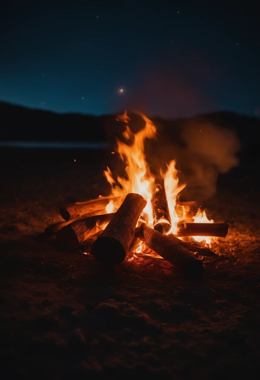 a night sky shot with a bonfire in the foreground, allowing the glowing embers and flames to illuminate the surroundings and create a captivating atmosphere