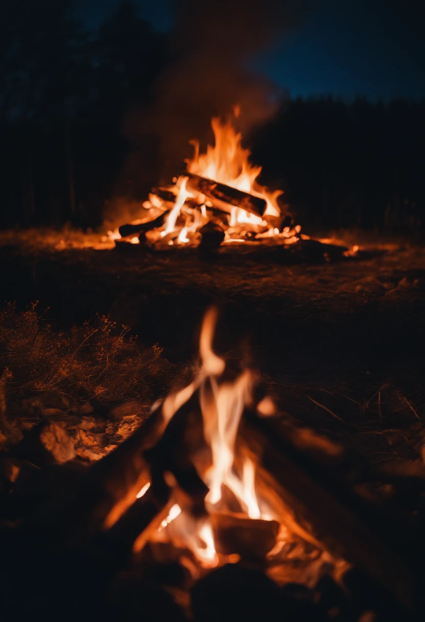 a night sky shot with a bonfire in the foreground, allowing the glowing embers and flames to illuminate the surroundings and create a captivating atmosphere