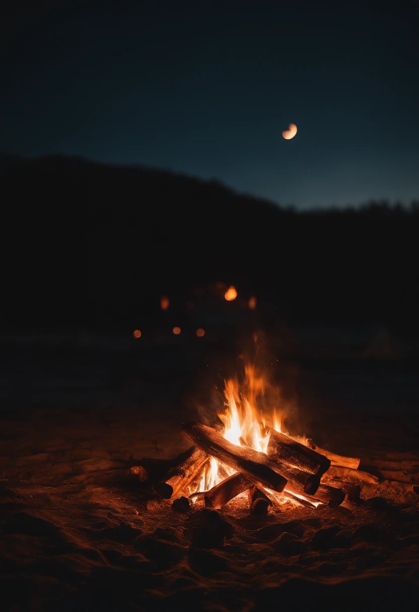 a night sky shot with a bonfire in the foreground, allowing the glowing embers and flames to illuminate the surroundings and create a captivating atmosphere