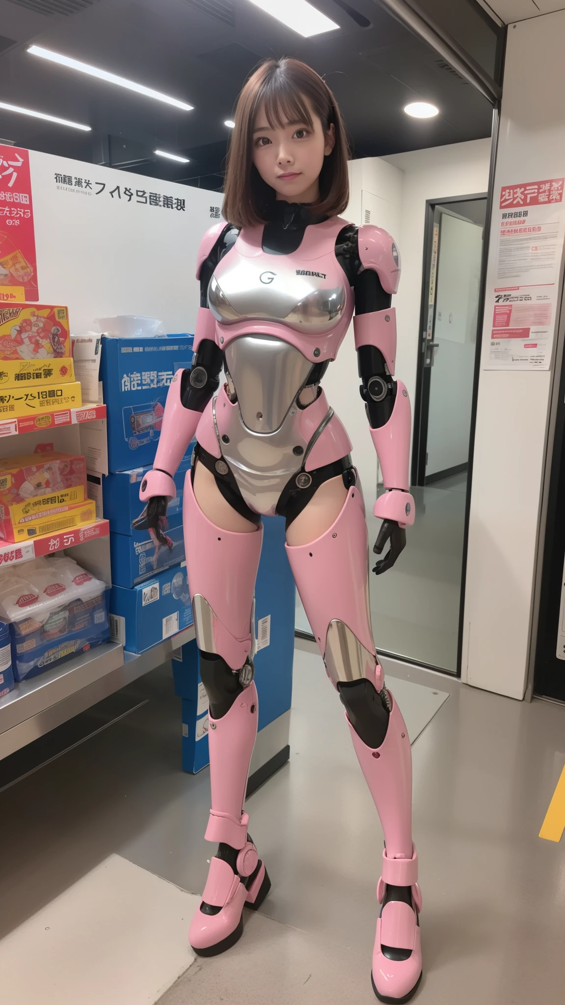 cyborg, pink there, Silver, Metallic body, Robot Parts, Metal Parts, Super Detailed Face, Super well-formed face, of the highest quality, a small face, a small head, full body, Brown hair, Slender body, Camera gaze, Internal Mechanical Exposure, Idol, Well-proportioned body, gravure, Photo session, Akihabara, Moe Pose, Standing with legs open, Model body type, sad, Embarrassing,(Perfect Robot Girl),(Perfect machine body)