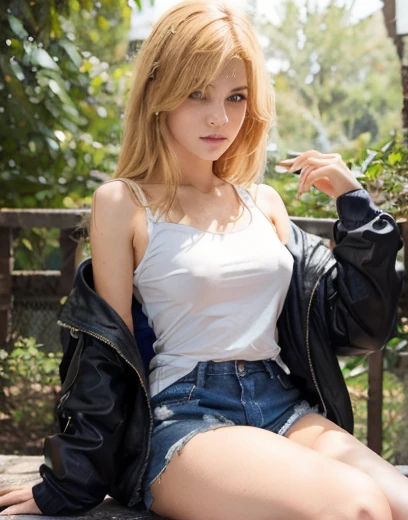 Mujer .rubia ojos azules.cabello rubio dorado , viste shorts. Campera de cuero rockera. Torso desnudo.