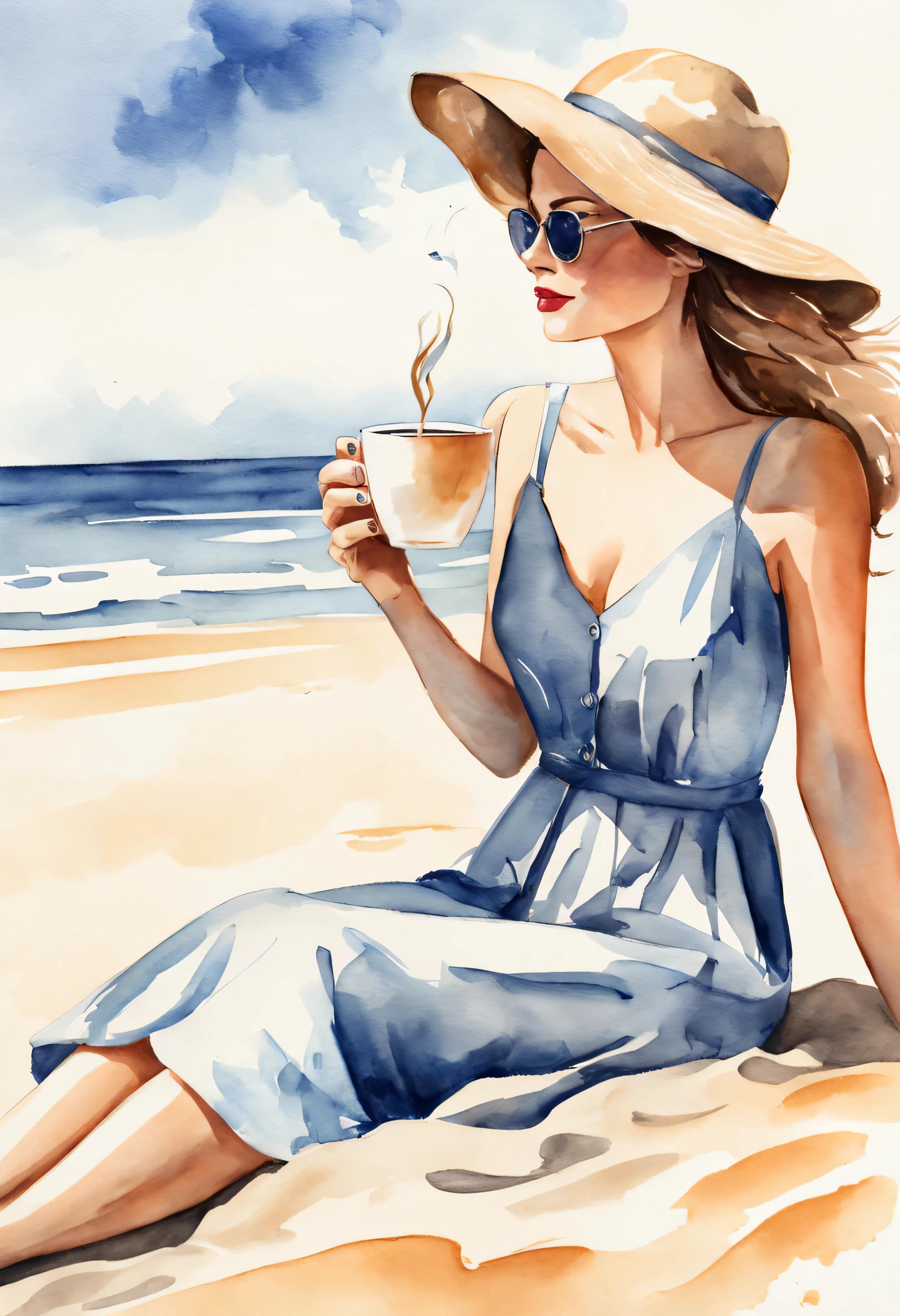 belle femme, drinks a cup of coffee, Sur une plage de sable, style dessin aquarelle
