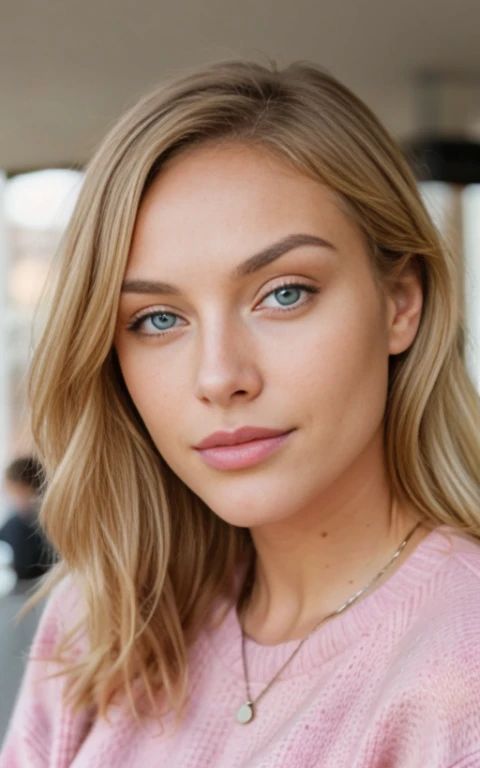 beautiful blonde in a pink sweater (drinking coffee in a modern cafe at sunset), very detailed, 21 years old, innocent face, natural wavy hair, Blue eyes, a high resolution, masterpiece, Best quality, complex parts, very detailed, Sharp Focus, Detailed skin, Realistic skin texture, texture, Detailed eyes, professional, 4K, Charming smile, filmed on canon, 85 mm, Shallow depth of field, Kodak Vision color, perfectly toned body, extremely detailed, Photo_\(ultra\), photoRealistic, Realistic, Post-processing, Maximum detail, roughness, real life, ultra Realistic, photorealism, Photoграфия, 8k contract, Photoграфия