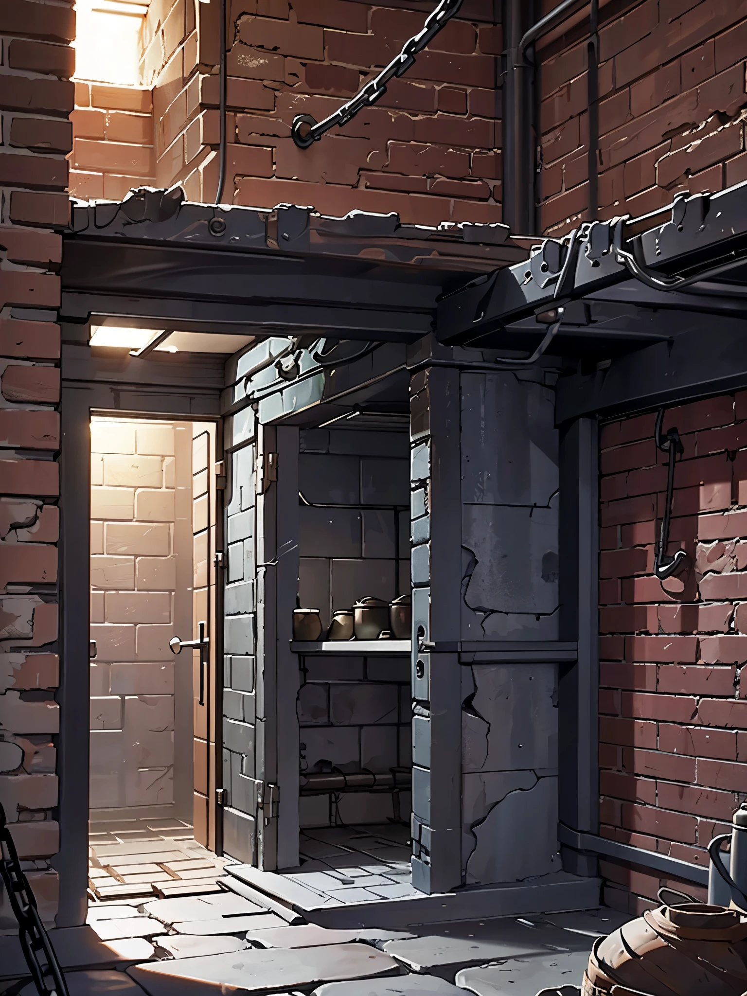 Image of a basement with prison cells, Brick walls, Grill , chains, тюремные Grill, dungeon